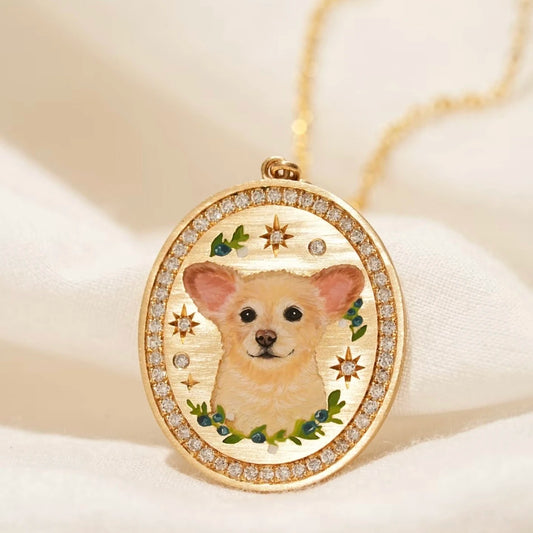 Custom 18k Gold Hand-Painted Pet Portrait Necklace