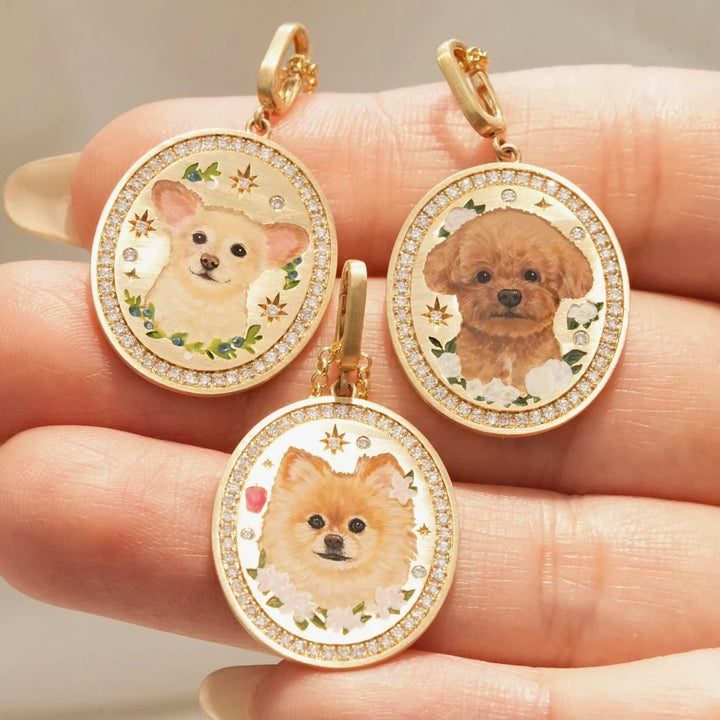 Custom 18k Gold Hand-Painted Pet Portrait Necklace
