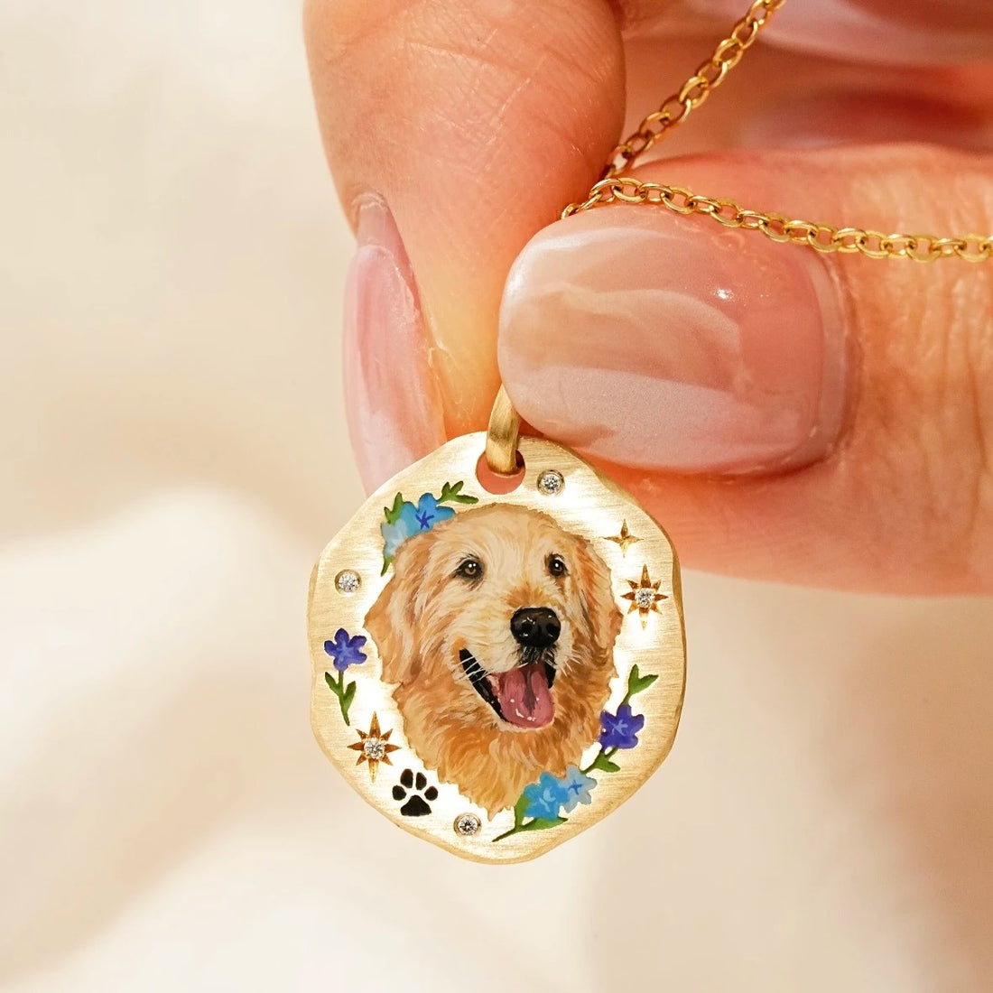 Custom 18k Gold Hand-Painted Pet Portrait Necklace