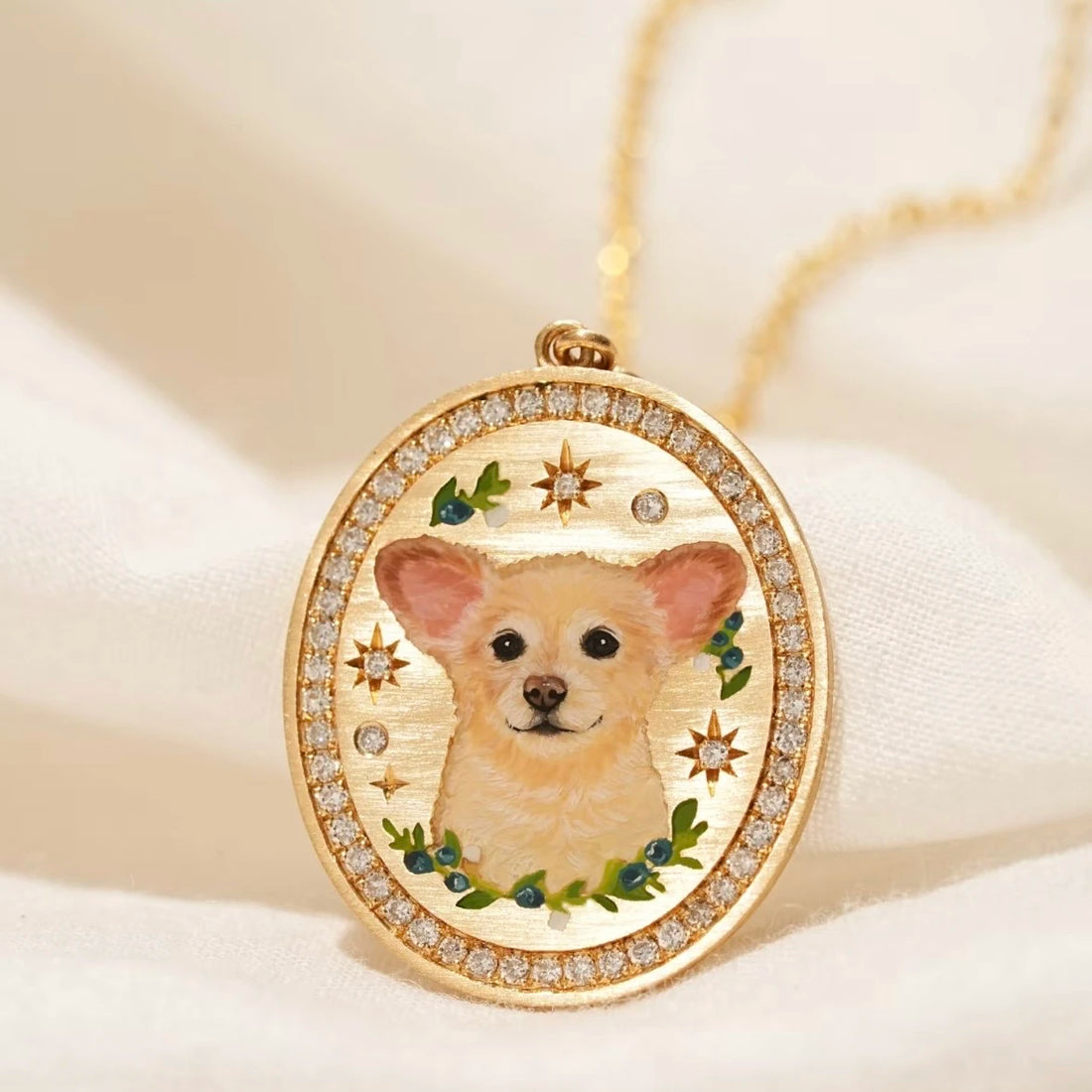 Custom 18k Gold Hand-Painted Pet Portrait Necklace