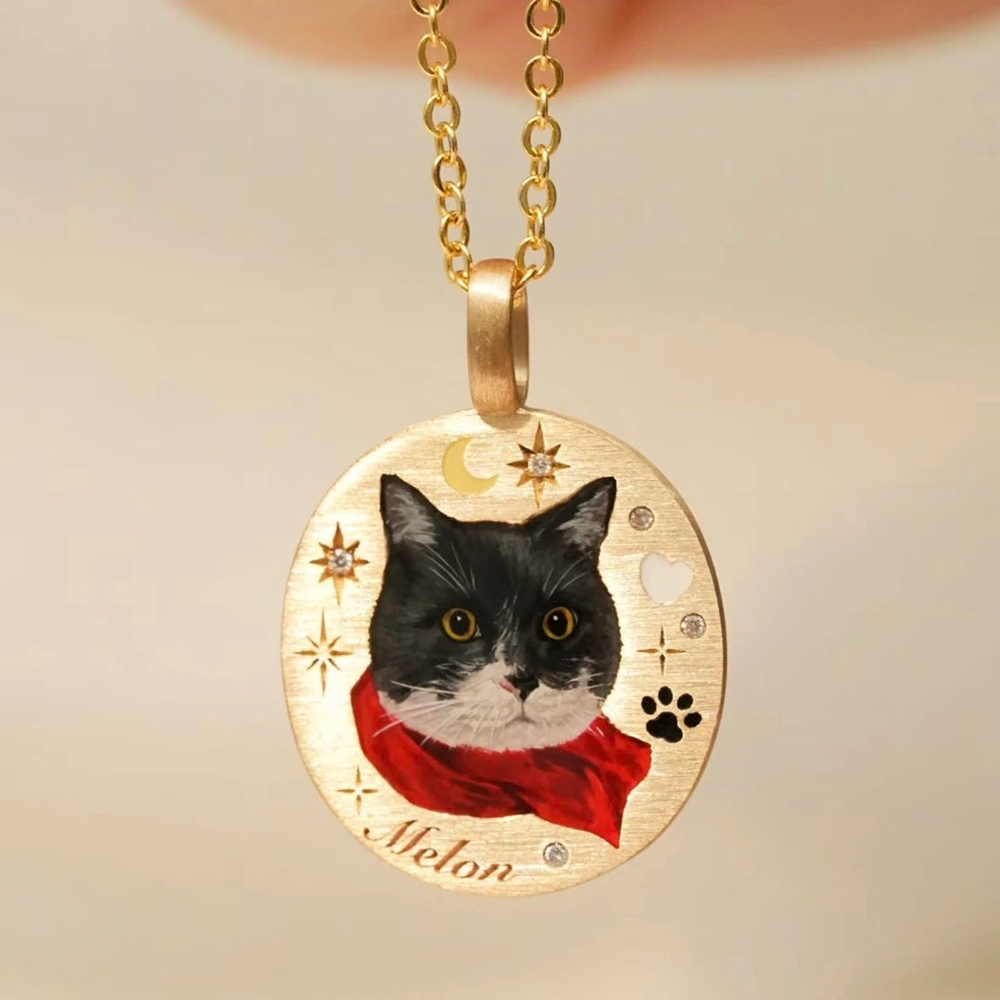 Custom 18k Gold Hand-Painted Pet Portrait Necklace