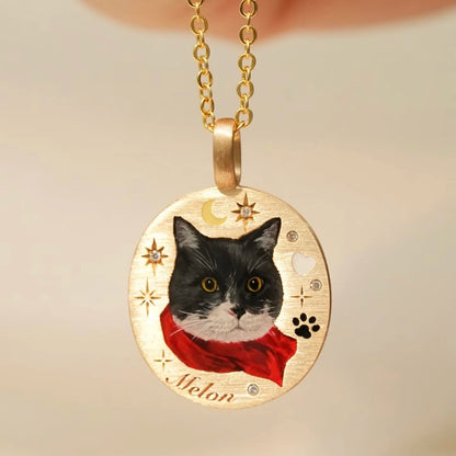 Custom 18k Gold Hand-Painted Pet Portrait Necklace